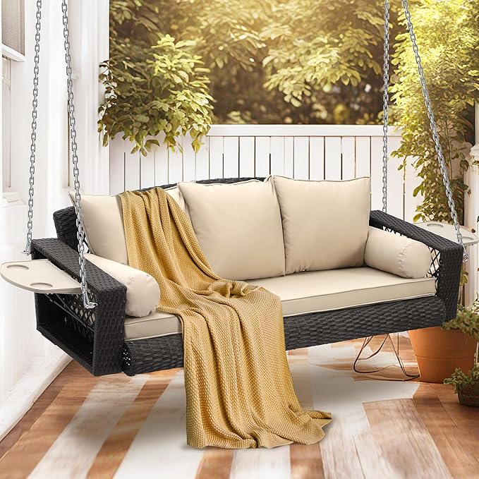 Outdoor Wicker Patio Porch Swing - 3 Person Swing Outdoor Hanging Porch Swing Seat Bench with Chains for Yard, Deck, Garden (Brown Rattan Khaki Cushion)
