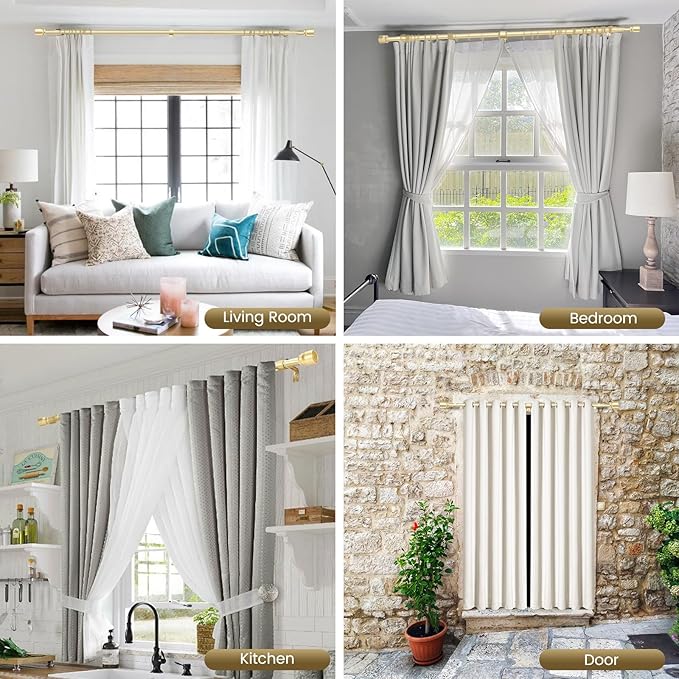 1” Diameter Curtain Rods Itself is 30 to144 inch 1 Pack Fit 30-142 inch, 66 to 120 inch Window with Heavy Duty Adjustable Rod Gold Curtain Splicing Metal Extra Long Curtain Rod for Windows