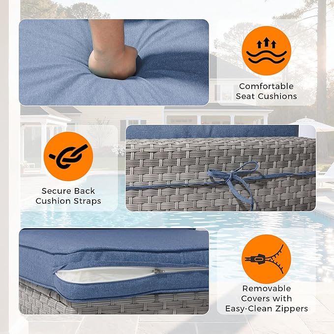 10-Seat Modern Patio Furniture Set with Swivel Rocking Chairs, Thick 4″ Cushions, Dual-Strand Wicker Rattan, Rust-Resistant Steel Frame – Outdoor Conversation & Modular Sectional,Navy