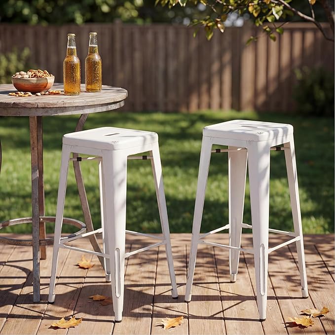 Shahoo 30 Inches Metal Bar Stools Counter Height Stackable Backless Stools, Industrial Patio Stools Indoor Outdoor Metal Kitchen Stools Set of 4 (Distressed White, 30'')
