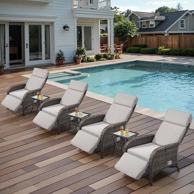 Belord 7 Piece Wicker Patio Furniture Set - 4 Adjustable Outdoor Recliner Chairs with 3 Side Table Patio Conversation Set,155° Lay Flat Chaise Lounge Chair Outdoor for Pool Deck Brown