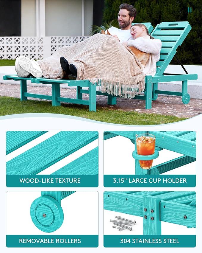SERWALL Patio Chaise Lounge Chair, HDPE Outdoor Lounge Chair with Cup Holder, 5 Positions Adjustable Poly Lounger with Rolling Wheels for Poolside, Deck, Sunbathing, Aruba