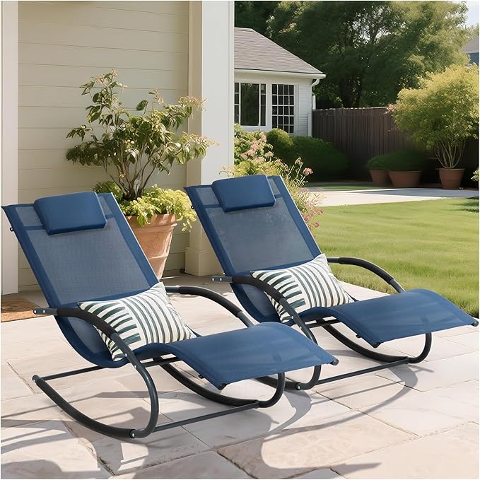 Outdoor Lounge Chair with Pillow, Pool Chaise Lounge Chair Set of 2, Navy Blue