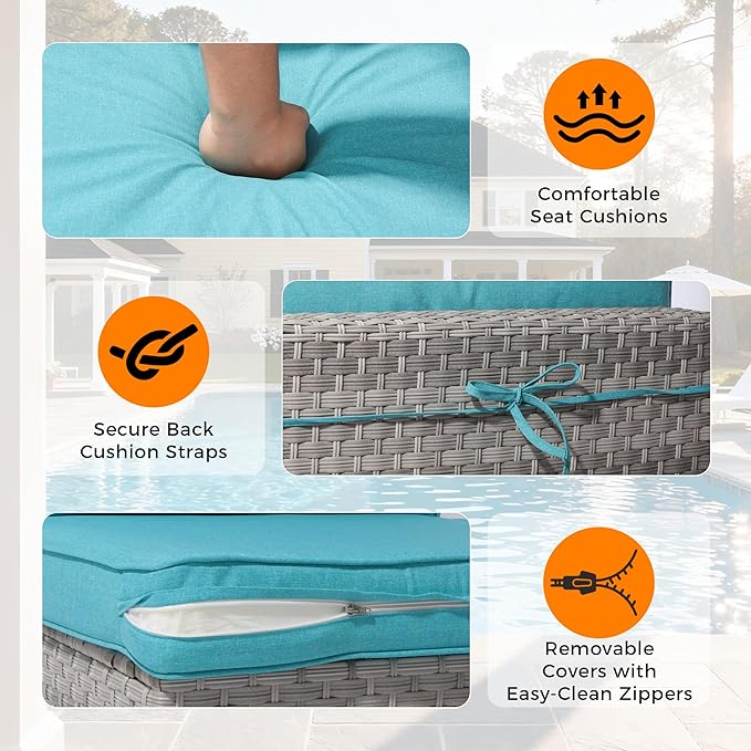 12-Seat Modern Outdoor Wicker Rattan Patio Furniture Set with 55,000 BTU Fire Pit Table, Thick 4″ Cushions, All-Weather Dual-Strand Rattan, Rust-Resistant Steel Frame,Blue