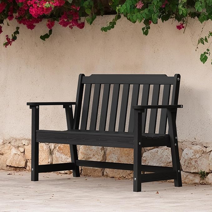 Ciokea 49" Heavy Duty Outdoor Bench, HDPE Weatherproof Porch Benches, Durable 2-Person Garden Benches with 660 Lbs, Waterproof Patio Bench for Outside Balcony Deck Backyard, Black