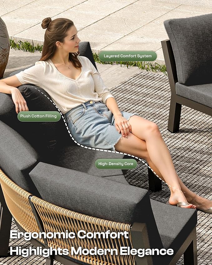 Outdoor Patio Sectional Modular Sofa, Aluminum 1 Piece Curved Patio Couch with Washable Cushions, All Weather PE Rope Sofa for Backyard,Porch, Deck, Poolsid, Graphite