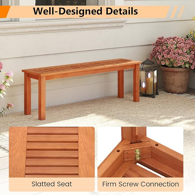 Tangkula 47 Inch Patio Wood Bench, 2-Person Backless Bench w/Slatted Seat, Indoor Outdoor Dining Bench for Backyard, Poolside, Entryway, Porch