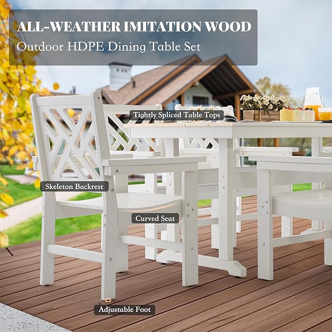 HDPE Outdoor Dining Set,6-Piece Outdoor Table and Chairs Include 4 Dining Chairs and 2 Pcs 62.5" Patio Dining Table with Umbrella Hole (White)