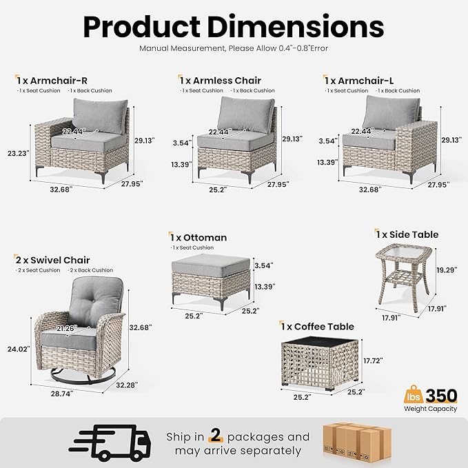 ovios 8-Piece Patio Furniture Set with L-Shape Sofa Chaise, Outdoor Sectional Couch Swivel Gliders Solar Table, Modern Modular Wicker Rattan Conversation Set, Dark Grey