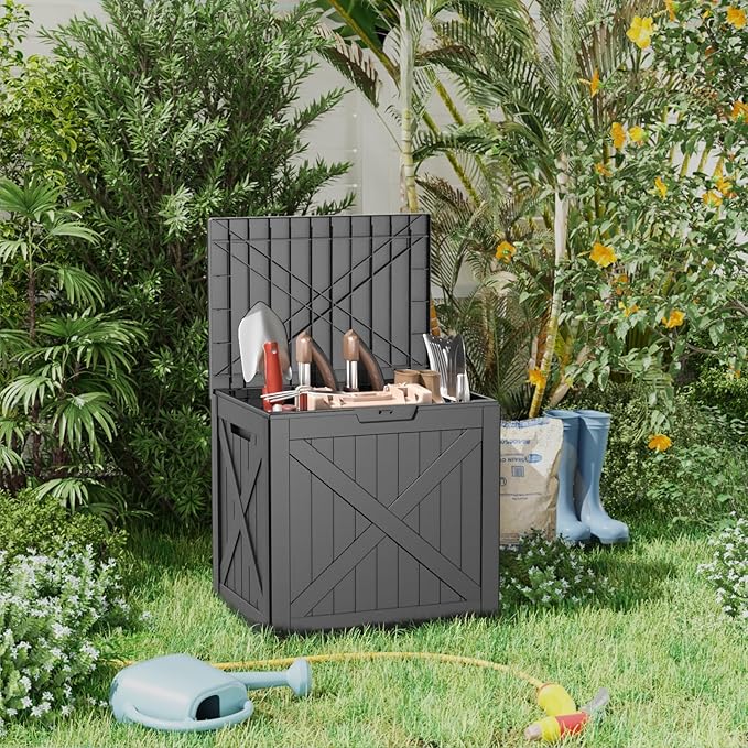 DRATO 33 Gallon Deck Boxes Resin Outdoor Storage Box UV Resistant Outside Deck Box with Lockable Lid for Patio Furniture（Black，33 Gallon）