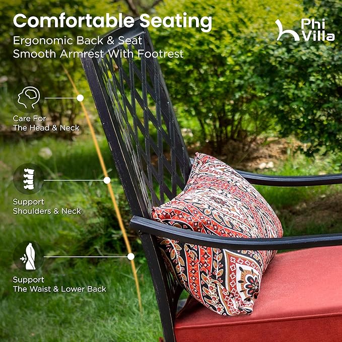 PHI VILLA 5 Piece Outdoor Bar Furniture Set, Counter-Height Patio Bistro Table & Swivel Bar Stools Chairs with Red Cushion for Garden, Backyard, Deck