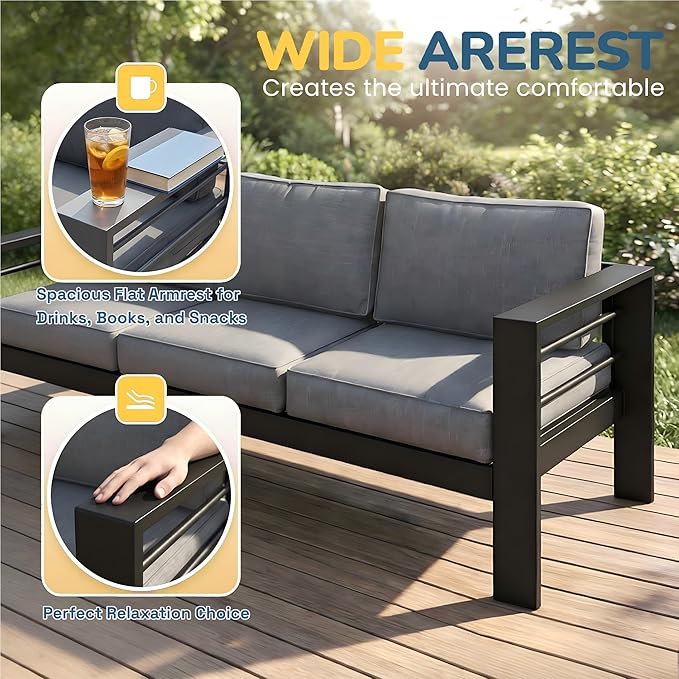 Solaste Aluminum Patio Furniture Set for All Weather, Oversized Metal Outdoor Furniture Set with 27.5" Deep Seating and 3.2" WIde Armrest, Outdoor Patio Conversation Sets with 10’’ Back Suport Cushion