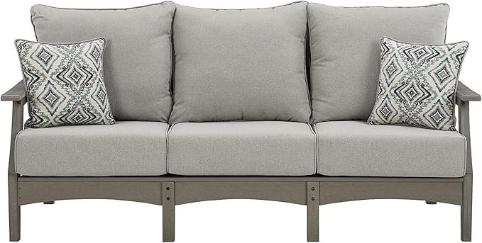 Signature Design by Ashley Visola Outdoor Patio Sofa with All-Weather Cushion and 2 Throw Pillows, Cleanable Performance Fabric, 19.88" Seat Height, Gray