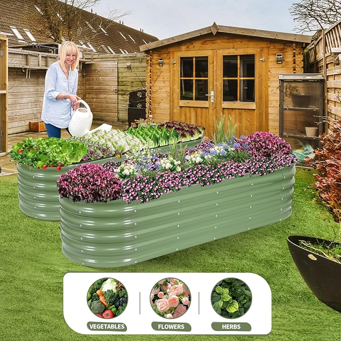 Galvanized Raised Garden Bed - 8x2x1.4FT Metal Planter Boxes Outdoor | Oval Steel Raised Bed Kit for Gardening with Protective Tape, Bracing Rods, Gloves for Vegetables, Flower, Herb (Green)