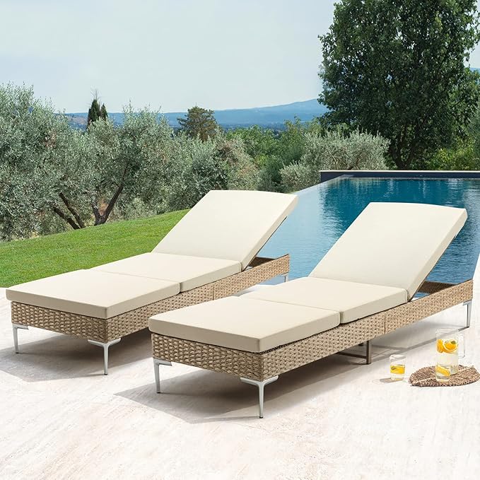 HOMREST Outdoor Chaise Lounge Chair Set of 2, Patio Wicker Lounge Chairs with Adjustable Backrest, Rattan Pool Sunbathing Chaiser with Removable Cushion (Khaki)