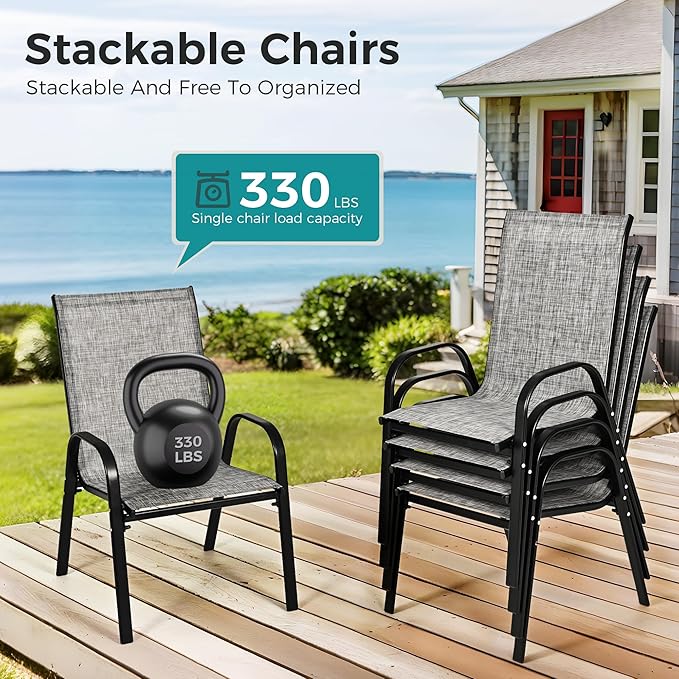 Pamapic Outdoor Dining Sets for 6, Rectangular Steel Slat Table with 6 Textilene Chairs, 7 Piece Patio Table and Chairs Set with Umbrella Hole for Patio, Garden, Backyard and Poolside (Grey)