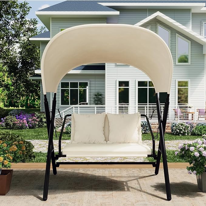U-MAX 2 Seat Outdoor Porch Swings for Adults Patio Swings with Canopy Stand Metal Steel Frame Patio Swing Chair for Garden Yard Deck Poolside Easy Assembly, Cream White