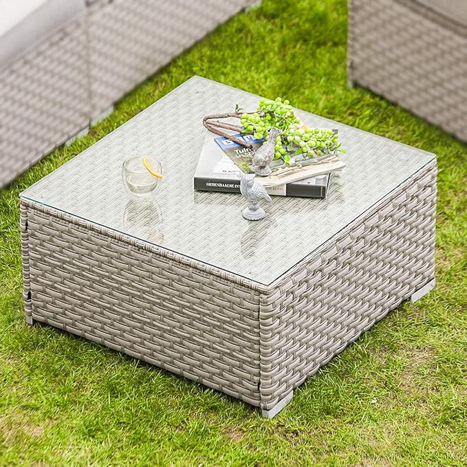 COSIEST Outdoor Furniture Warm Gray Wicker Glass-Top Coffee Table for Expanding Sectional Sofa Set for Garden, Pool, Backyard