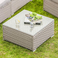 COSIEST Outdoor Furniture Warm Gray Wicker Glass-Top Coffee Table for Expanding Sectional Sofa Set for Garden, Pool, Backyard