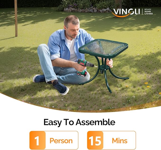 VINGLI Outdoor Side Table, 18" Patio Table Steel Frame Tempered Glass Top, Weatherproof Small Tables for Balcony Garden Poolside (Green, Square)
