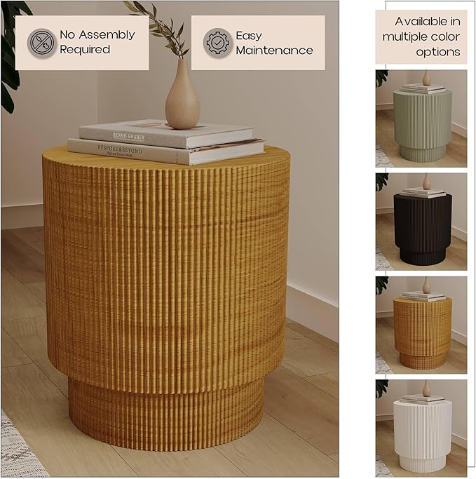 LeisureMod Modern Side Table Round Fiberstone Top Accent End Table for Home, Outdoor Patio, Living Room Sofa, Weather-Resistant, Eden Series in Brown