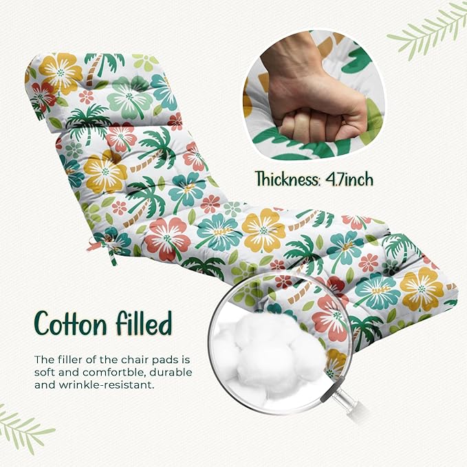 4 Pack Outdoor Chaise Lounge Chair Cushion 75.1 x 22.8 x 4.7 Inches 100% Waterproof Replacement Cotton Patio Pool Lounge Chair Cushion for Outdoor Furniture with Ties, Green Coconut Tree