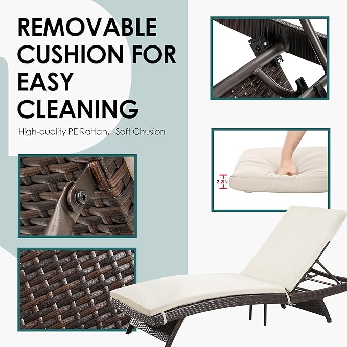 Pamapic Patio Chaise Lounge Set 2 Pieces，Patio Lounge Chair with Adjustable Backrest and Removable Cushion, Outdoor Pool Lounge Chair Set for Patio Poolside Backyard Porch