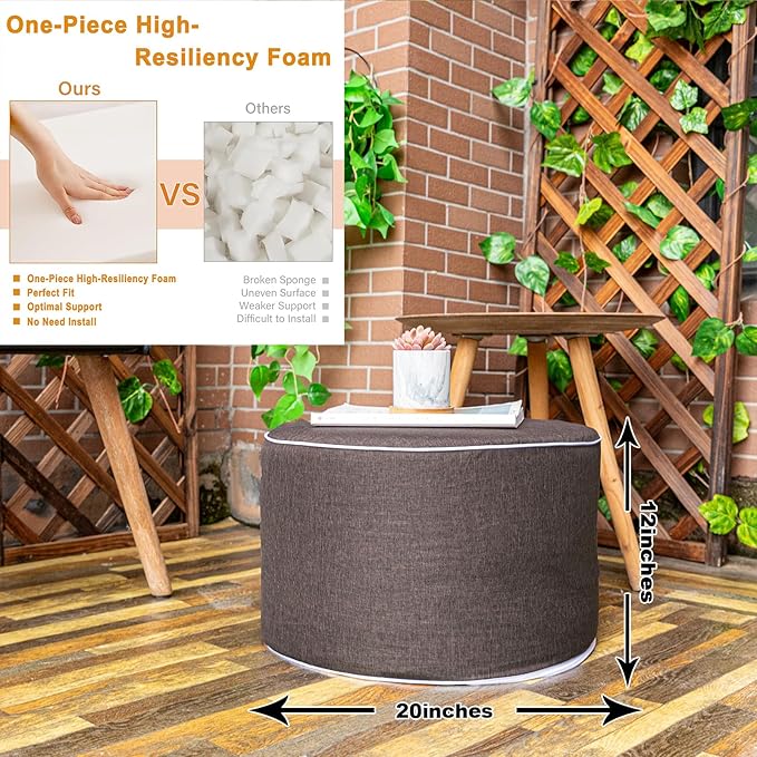 Asuprui Outdoor Indoor Foam Stuffed Ottoman Waterproof Round Ottoman Footrest Stool Diameter 20x Height 12 Inches Boho Foot Rest for Patio Living Room Porch Outdoor Seating Garden Camping Dark Coffee