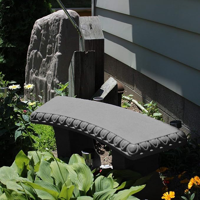 EMSCO Group Garden Bench Statue – Resin Construction with Natural Granite Look – Lightweight Decorative Indoor/Outdoor Bench – 12 Inch Height