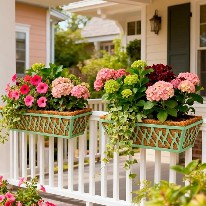 4 Pack 30 Inch Window Boxes Planters Railing Planter Box with Adjustable Brackets for Porch Fence Patio Balcony Hanging Flower Baskets with Coco Liners for Outdoor Garden Decor - Green