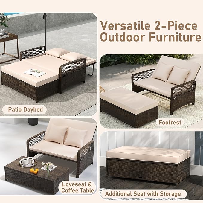 RELAX4LIFE Wicker Patio Outdoor Daybed - Rattan Sunbed Loveseat Sofa Set w/4-Level Adjustable Back, Cushions & Pillows, Storage Ottoman, 2-Person Bed Lounger for Backyard Porch, Patio Daybed (Beige)