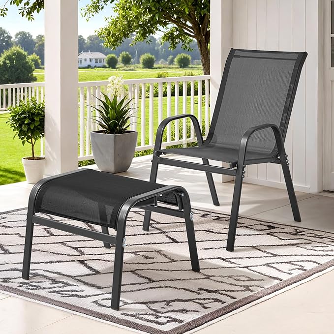 ONBRILL Outdoor Ottoman Foot Rest Set of 2, Textilene Fabric Outdoor Footstool with Tight Surface and Stable Metal Frame, Wide Use Outdoor Ottomans for Patio, Balcony, Poolside and Indoors, Black