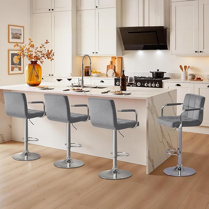 Yaheetech Velvet Bar Stools Set of 4, Adjustable Barstools with Armrest, Counter Height Stool Chairs with Thickened Seat Cushion for Kitchen Island, Dark Grey