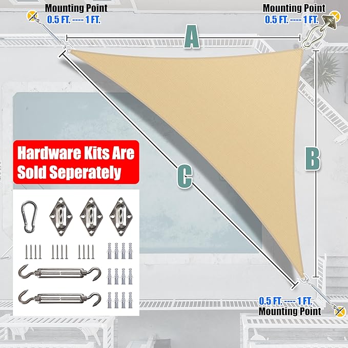 Amgo Custom Size 11' x 21' x 23.7' Beige Right Triangle Sun Shade Sail Order to Make Canopy Awning UPF50+ AGSLT, 95% UV Blockage, Water & Air Permeable, 200GSM Commercial Standard (We Customize)