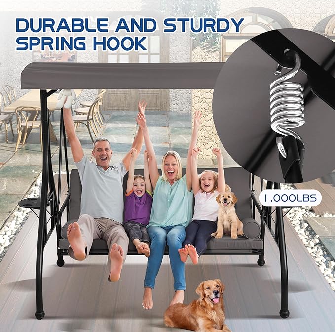 Patio Porch Swings with Adjustable Canopy - 3 Seat Outdoor Porch Swing Glider Bench with Stand, Heavy Duty Swing Bed W/Cushions Pillows and Cup Holder for Backyard Garden Lawn Poolside (Gray)