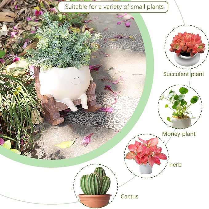 Smiley Face Rocking Chair Planters Flower Pots for Plants Funny Succulents Plant Live Cute Resin Head Planter for Indoor Outdoor Plants Gift Ideas for Mother and Christmas (Small)
