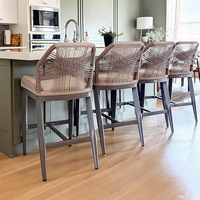 PURPLE LEAF Patio Bar Stool Counter Height Set of 2 Outdoor Rattan Chairs with Back Modern Aluminum Woven Barstools for Garden Indoor Kitchen Light Gray