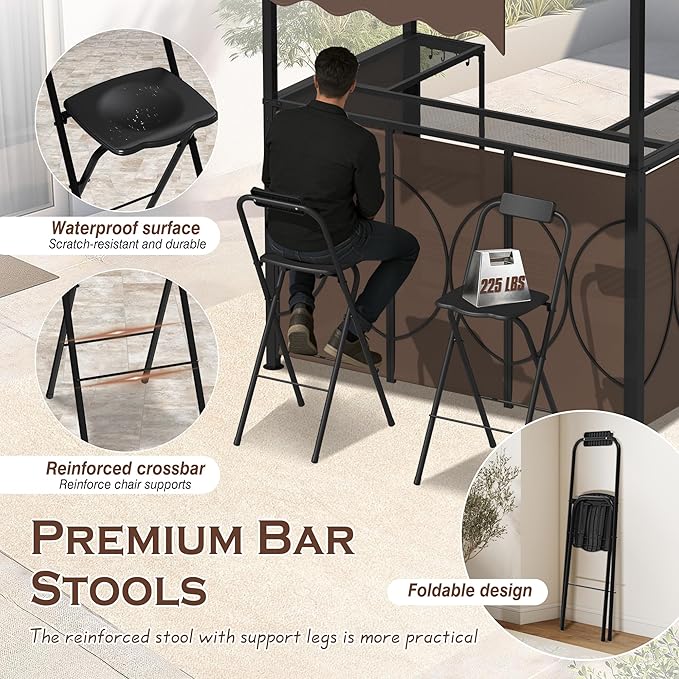 Grepatio 3 Piece Patio Bar and Grill Set, Grill Gazebo with Bar Table and 2 Foldable Stools, Outdoor Bar Set with Canopy, Extra Adjustable Shadow, Storage Shelves, Glass Holders for Garden Backyard