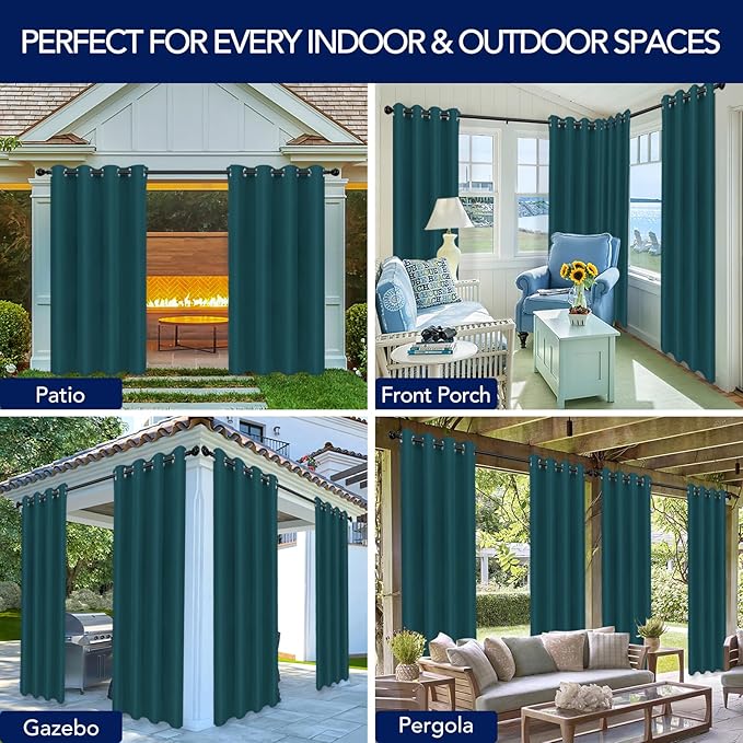 PureFit Outdoor Curtains for Patio Waterproof Weatherproof, UV and Fade Resistant Outside Curtains for Gazebo, Front Porch, Pergola, Sun Blocking Privacy Curtain, 52W x 95L inch, 1 Panel, Teal