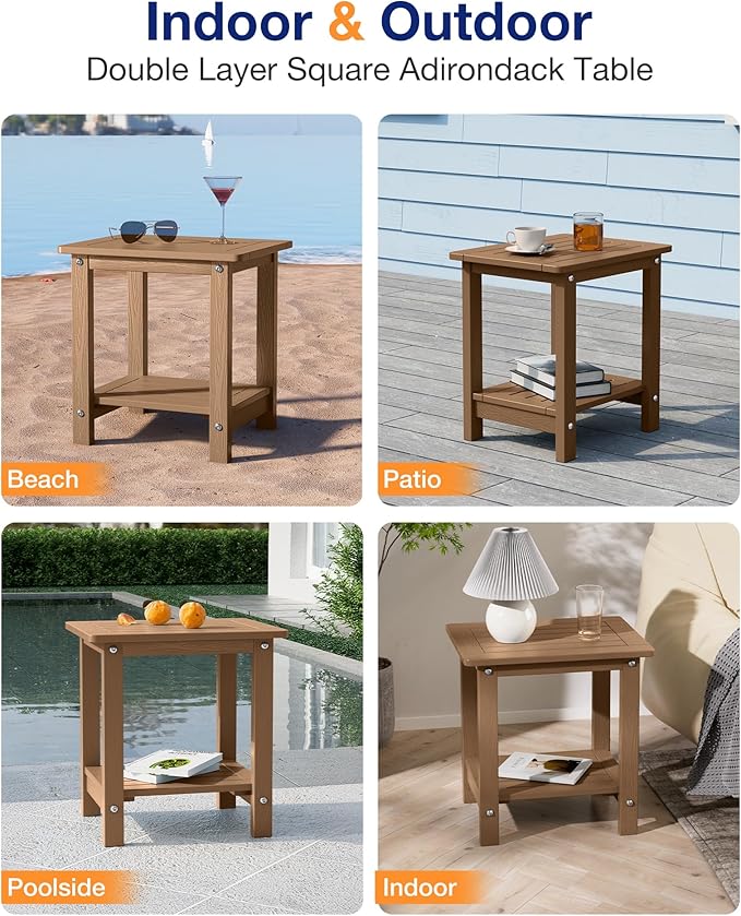 YEFU Outdoor Side Table for Patio: 16" HIPS Weather - Resistant Adirondack Tables Set of 2 - Small Square End Tables for Backyard Pool Porch Balcony - Indoor Outdoor Double Layer Table Teak