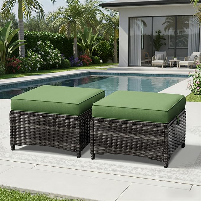 Joyside Outdoor Ottoman Set of 2, Patio Large Ottoman Foot Rest with Thickened Cushions, Outdoor Wicker Foot Stool for Porch, Deck Use