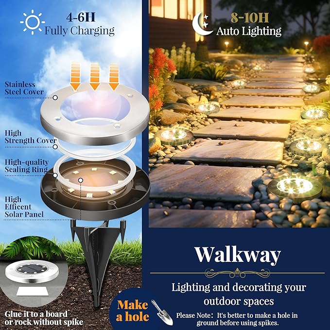 SOLPEX Solar Ground Lights, 12 Pack Solar Lights Outdoor Waterproof, 8 LED Solar Powered Landscape Lighting for Garden Yard Patio Driveway Pathway Walkway (Warm White)