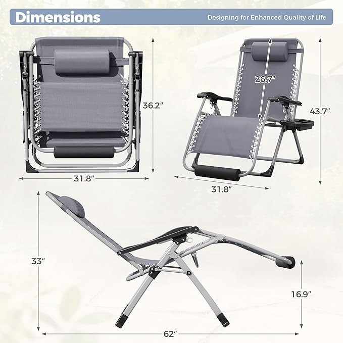 Homall Oversized Zero Gravity Chair, 32In Recliner Lounge Chair with Removable Soft Cushion and Cup Holder, Adjustable Anti Gravity Chair Folding Patio Chairs Padded for Indoor and Outdoor, Grey