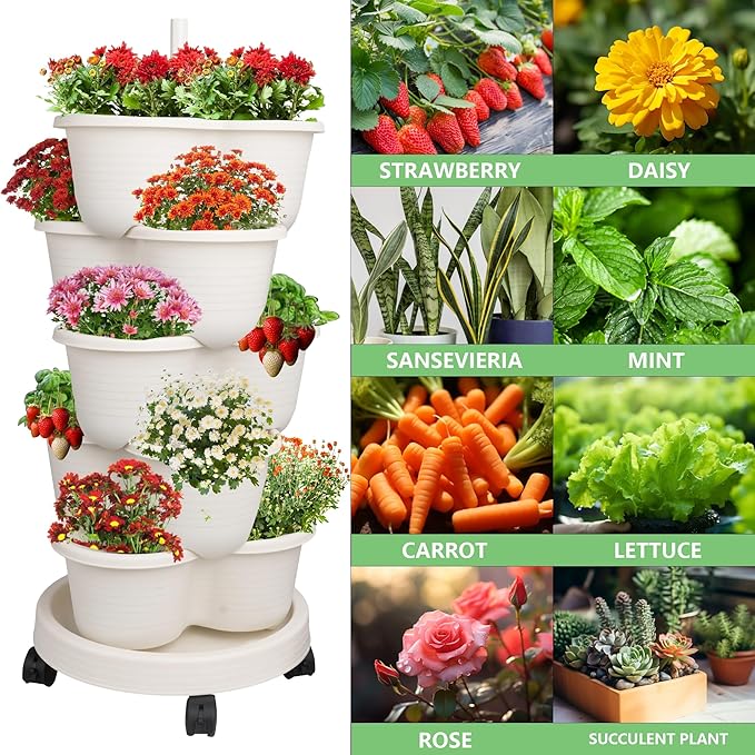 Hourleey Strawberry Planter, Stackable Gaden Tower for Flowers, Vegetables, Grow Your Own Herb Garden Vertical Oasis of Vegetables and Succulents (2 Pack 5 Tier)