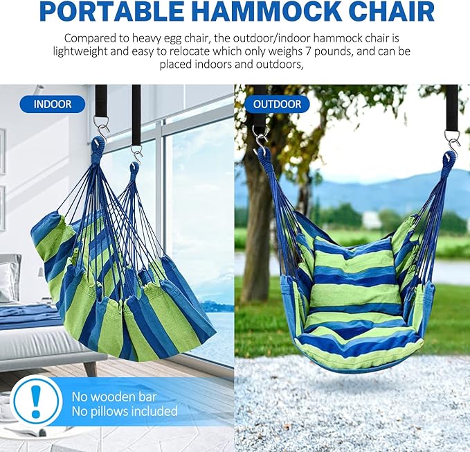 KPX Ourdoor Hanging Hammock Chair – Comfortable Tree Swing Chair Large Size 110X130cm（Without Pillows） - 330 Lbs Weight Capacity (Blue/Green)