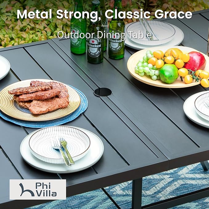 PHI VILLA 7 Piece Outdoor Dining Set for 6, Rectangular Wrought Iron Dining Table with Umbrella Hole & Cushioned Rattan Wicker Chairs for Patio, Deck, Yard, Porch