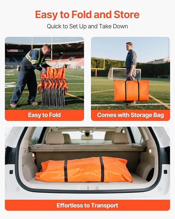 VEVOR Portable Folding Bench, 6 Seat Foldable Soccer Bench with Side Pockets and Carrying Bag, Lightweight Sideline Seating with Back Rest for Football, Baseball, Camping, Outdoor Events, Orange