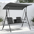 2-Person Porch Swing with Cup Holders, Pivot Storage Table & Cooler Bag, Adjustable Canopy, Black Steel Frame Outdoor Patio Swing for Backyard, Balcony & Poolside