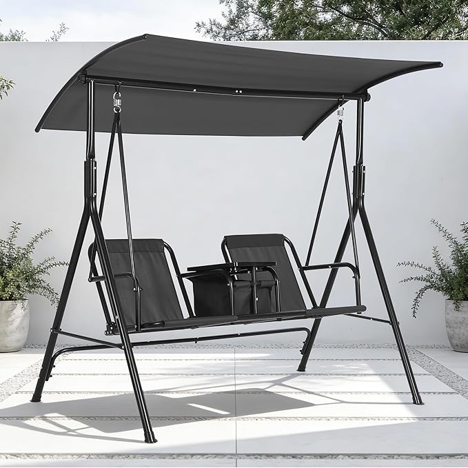 2-Person Porch Swing with Cup Holders, Pivot Storage Table & Cooler Bag, Adjustable Canopy, Black Steel Frame Outdoor Patio Swing for Backyard, Balcony & Poolside
