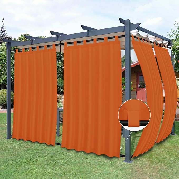 Easy-Going Outdoor Patio Curtains Detachable Tab Top Windproof Weatherproof Curtain for Cabana, Porch, Pergola and Gazebo, Tab Bottom Drape, 2 Panels, 54W x 108L inch, Orange
